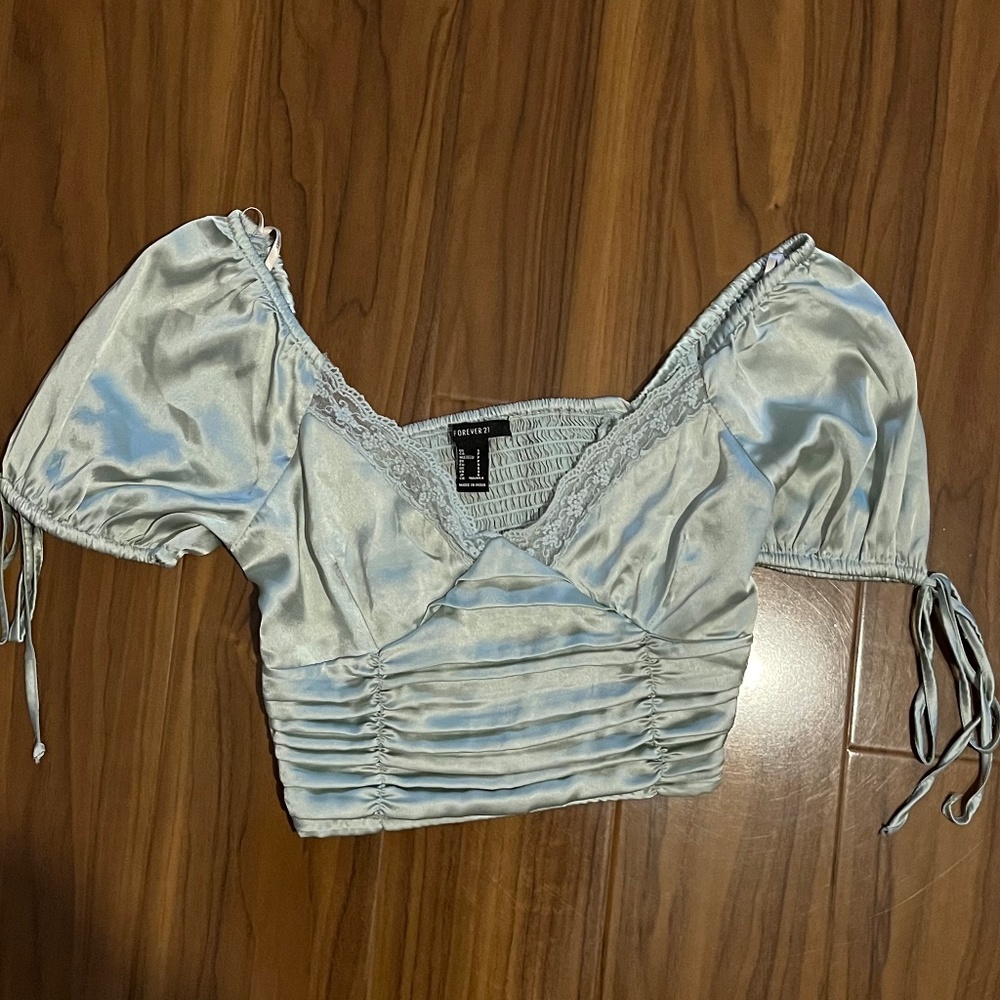 Sage Green Puff Sleeve Milkmaid Ruched Top Blouse Small Forever 21